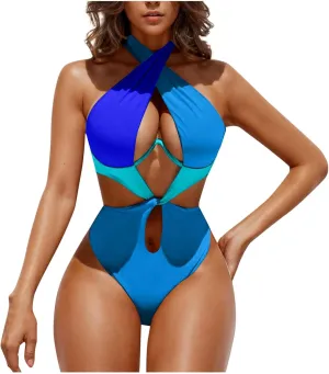 Women's One Piece Swimsuit Criss Cross Color Block Bathing Suit Halter Splice Monokini Set Backless Cutout Swimwear