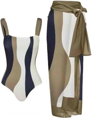 Women's One Piece Swimsuit Fashion-Piece Two Piece Swimsuit Leaf Printed Hip Long Skirt Conservative Swimsuit, S-XL