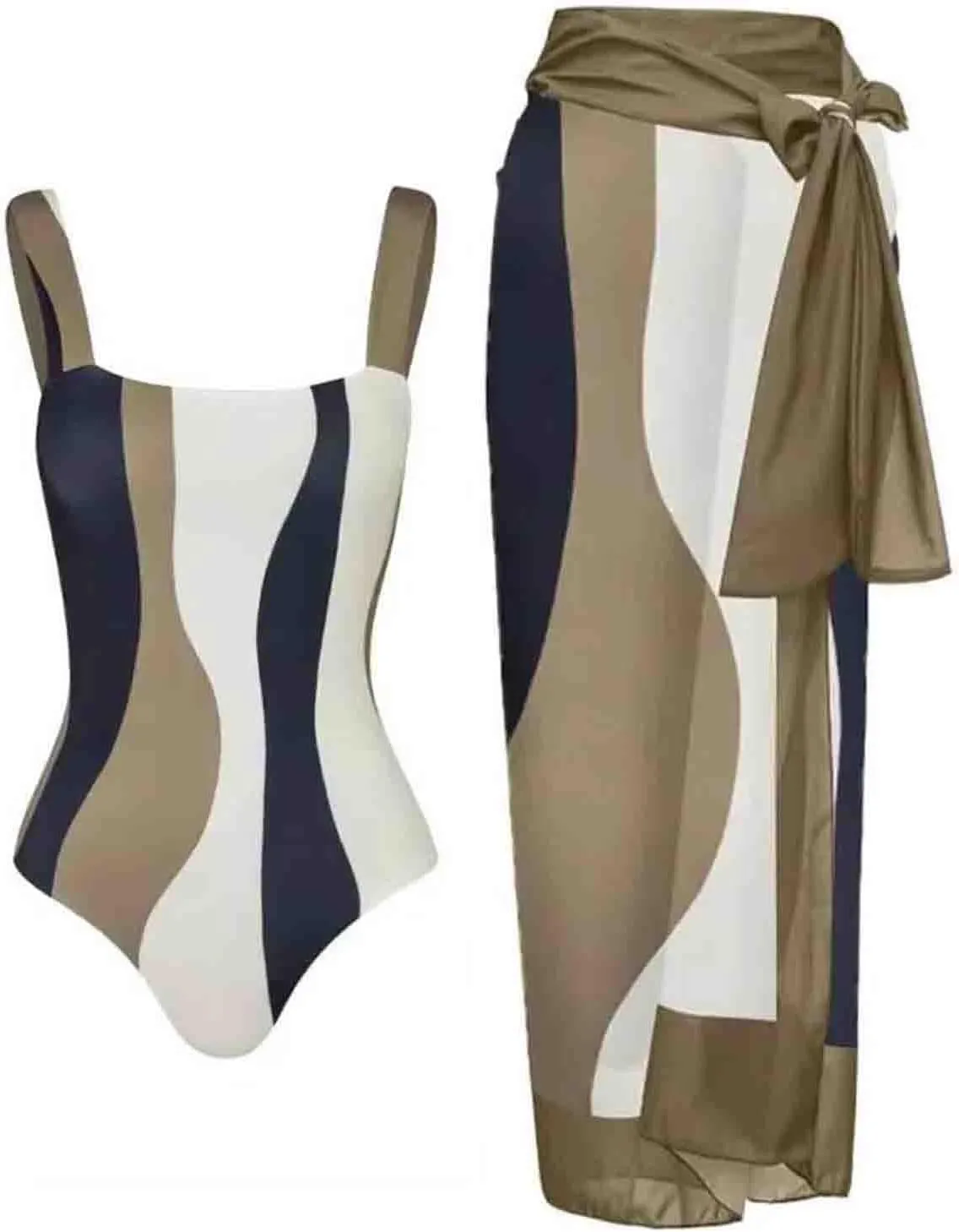 Women's One Piece Swimsuit Fashion-Piece Two Piece Swimsuit Leaf Printed Hip Long Skirt Conservative Swimsuit, S-XL