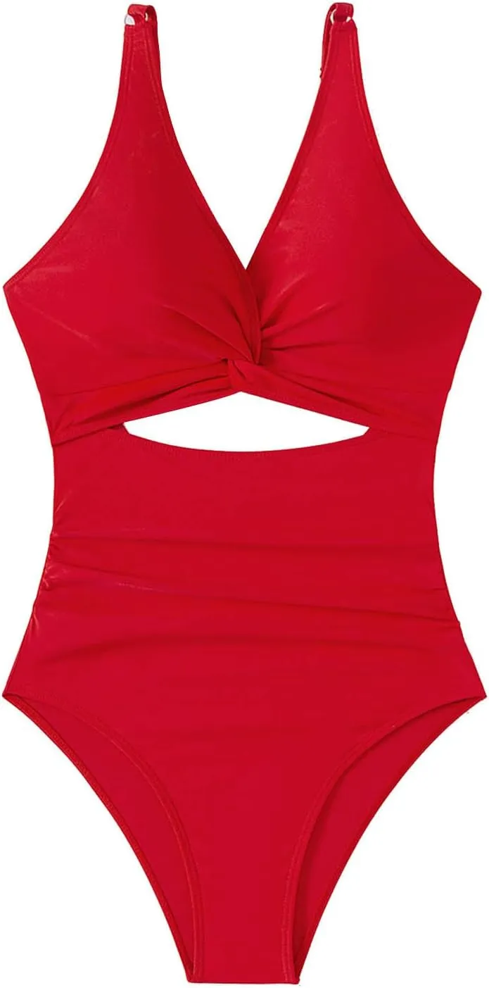 Womens One Piece Swimsuit Ruched Tummy Control High Waist Cut Out Backless Twist Front V Neck Bathing Suit Swimwear