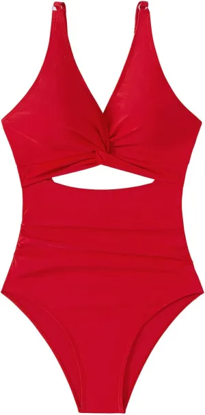Womens One Piece Swimsuit Ruched Tummy Control High Waist Cut Out Backless Twist Front V Neck Bathing Suit Swimwear