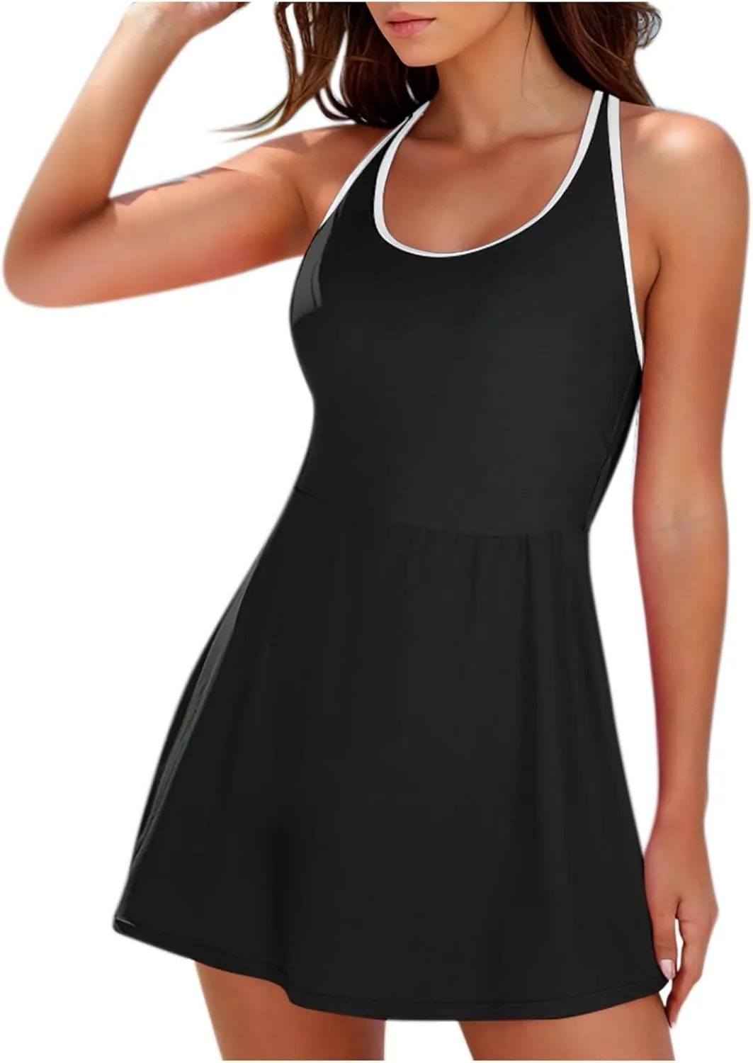Womens One Piece Swimsuit Skirt Tummy Control Bathing Suit Color Block Swim Dress Swimwear with Pockets 2025 Summer