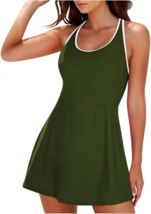 Womens One Piece Swimsuit Skirt Tummy Control Bathing Suit Color Block Swim Dress Swimwear with Pockets 2025 Summer