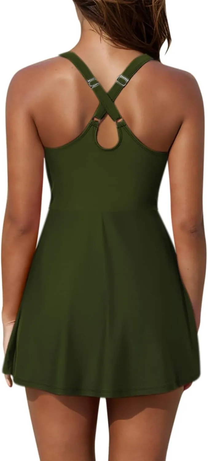 Womens One Piece Swimsuit Skirt Tummy Control Bathing Suit Color Block Swim Dress Swimwear with Pockets 2025 Summer