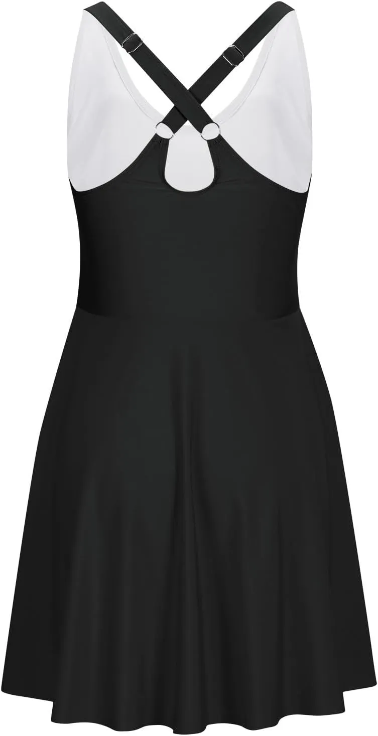 Womens One Piece Swimsuit Skirt Tummy Control Bathing Suit Color Block Swim Dress Swimwear with Pockets 2025 Summer