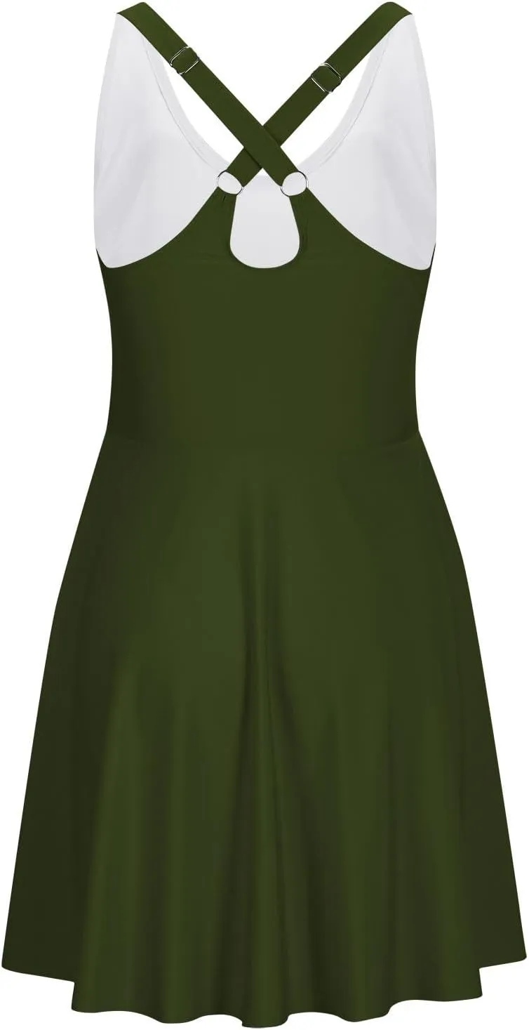 Womens One Piece Swimsuit Skirt Tummy Control Bathing Suit Color Block Swim Dress Swimwear with Pockets 2025 Summer