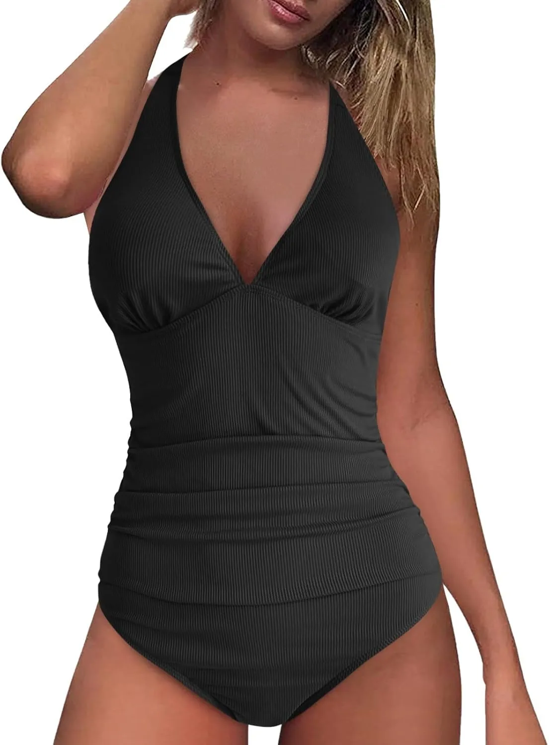 Women's One Piece Swimsuit Tummy Control Halter High Waist Ruched V Neck Modest Swim Suits Push up for Girls 2025