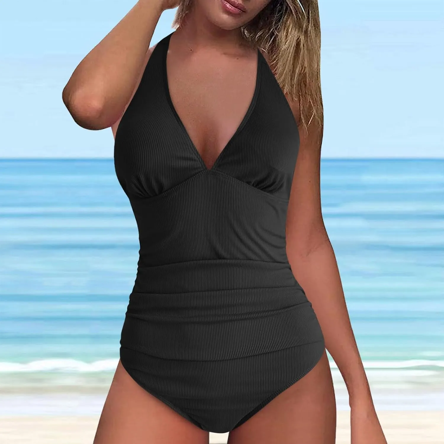 Women's One Piece Swimsuit Tummy Control Halter High Waist Ruched V Neck Modest Swim Suits Push up for Girls 2025