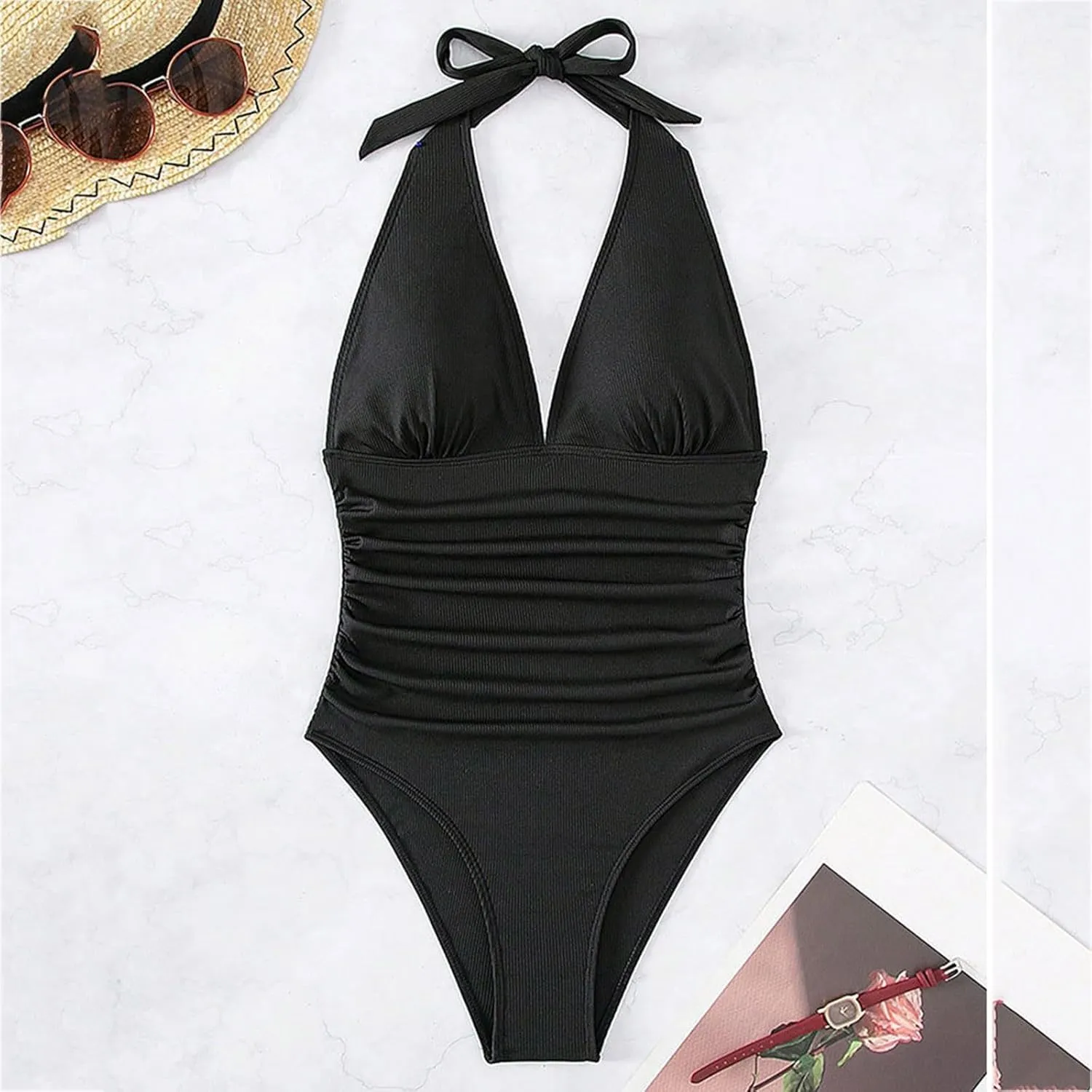 Women's One Piece Swimsuit Tummy Control Halter High Waist Ruched V Neck Modest Swim Suits Push up for Girls 2025