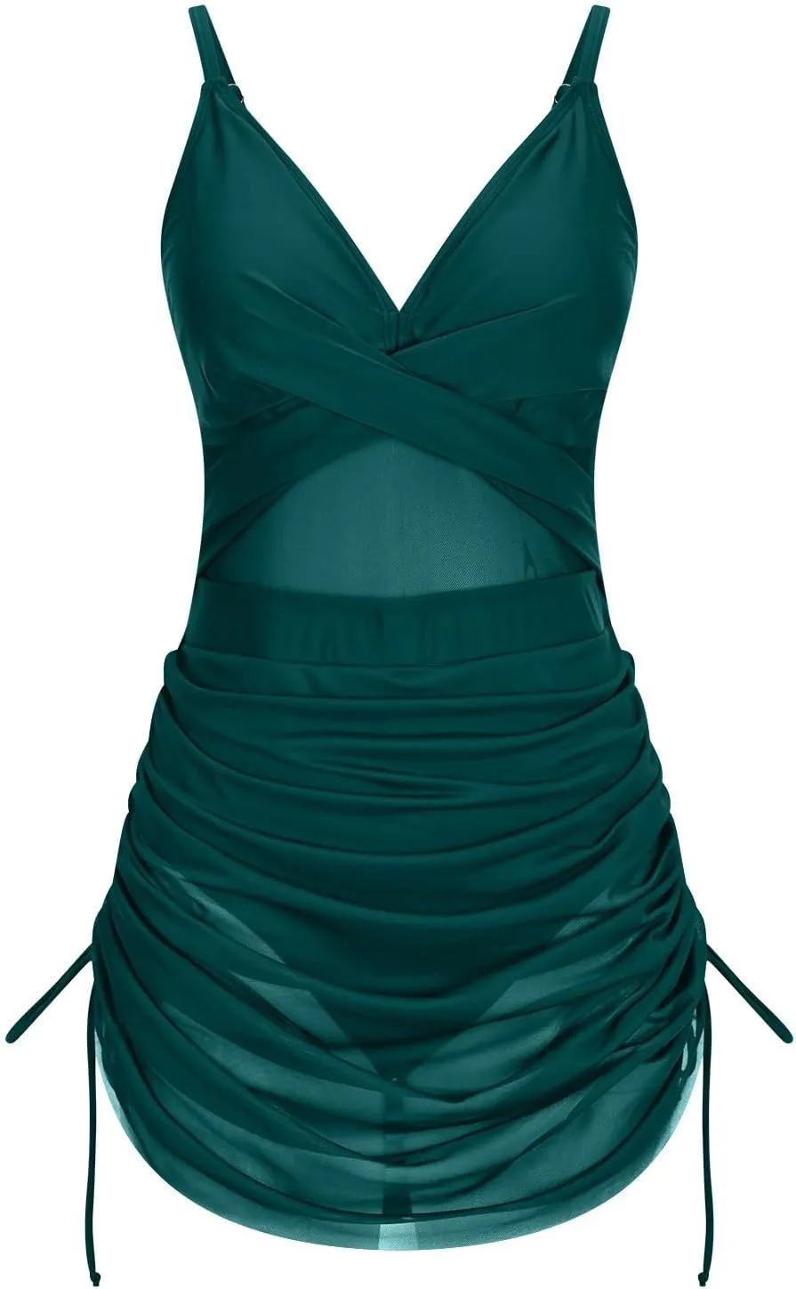 Women's One Piece Swimsuits 2025 Tummy Control Bathing Suits Modest Twist Front Swim Dress Slimming Mesh Swimwear