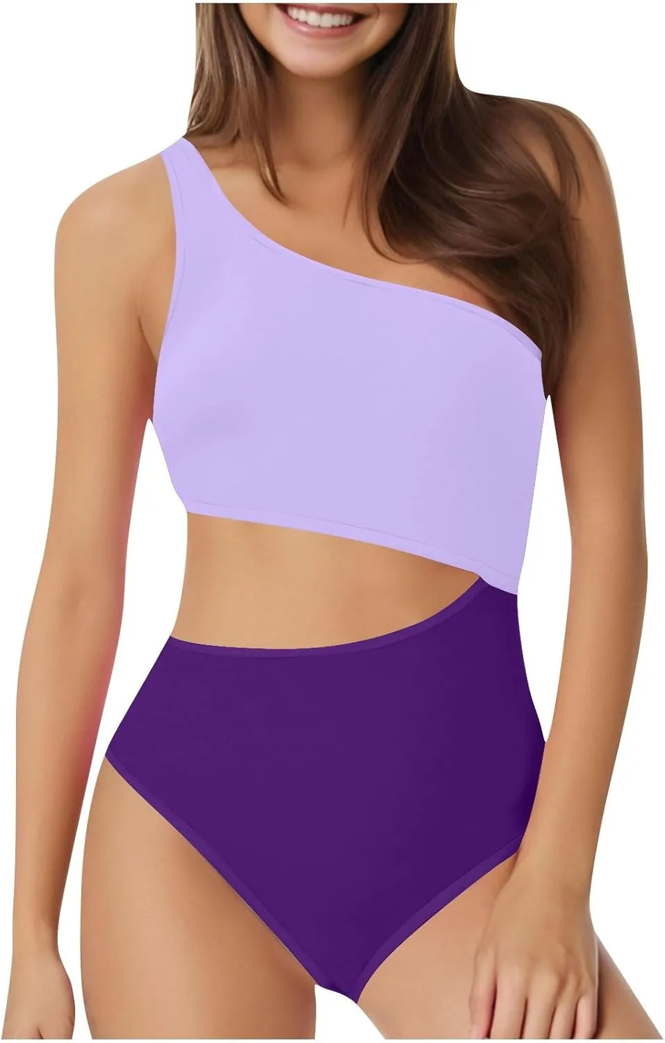Women's One Piece Swimsuits One Shoulder Tummy Cutout Control High Waisted Bathing Suit Color Block Slimming Swimwear