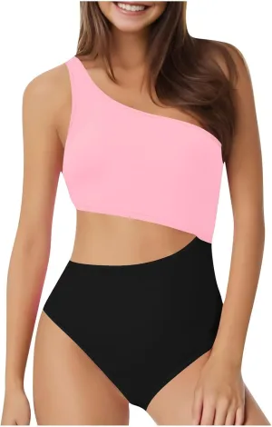 Women's One Piece Swimsuits One Shoulder Tummy Cutout Control High Waisted Bathing Suit Color Block Slimming Swimwear
