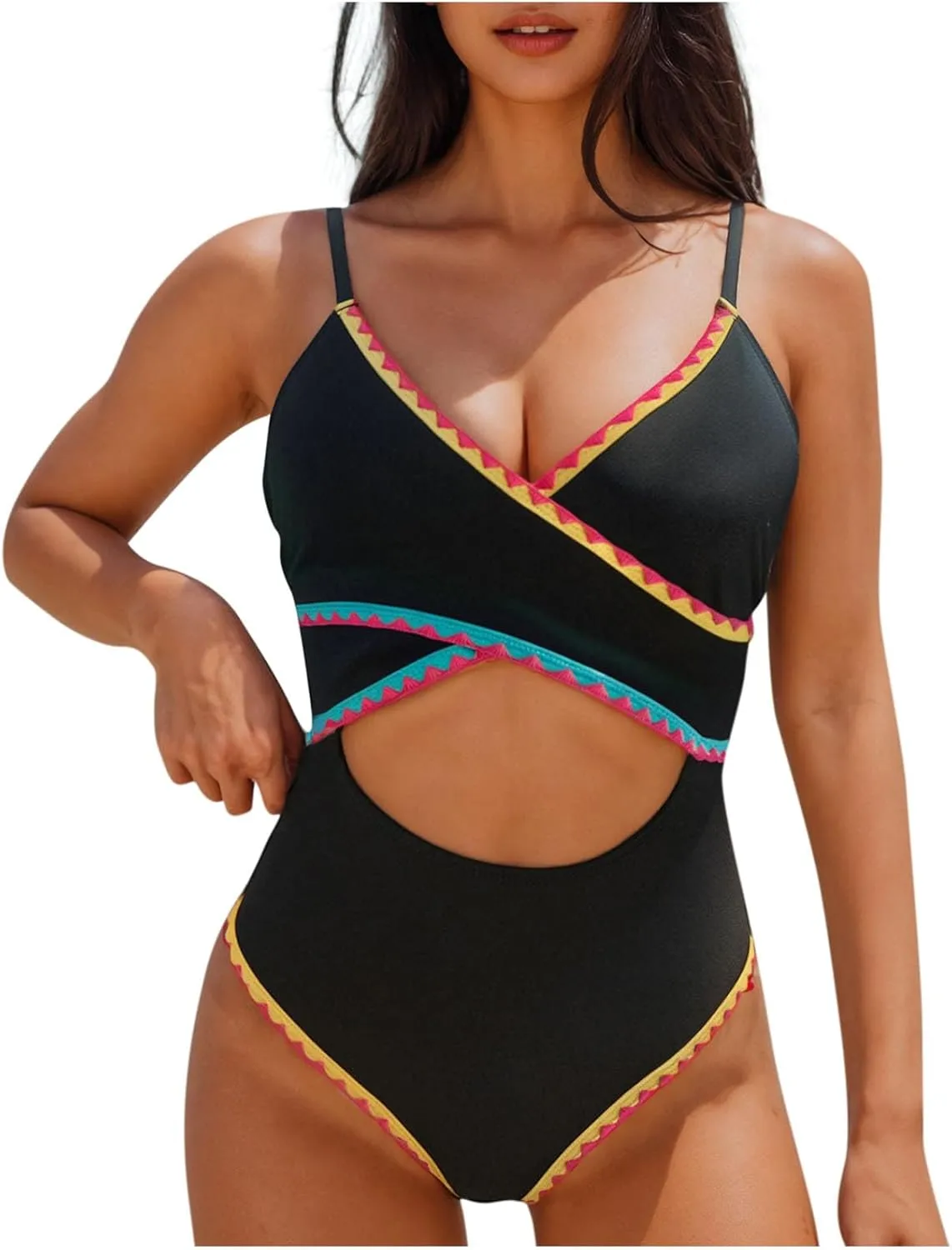 Women's One Piece Swimsuits Tummy Control Cutout High Waisted Bathing Suit Wrap Tie Back Color Block Backless Swimwear