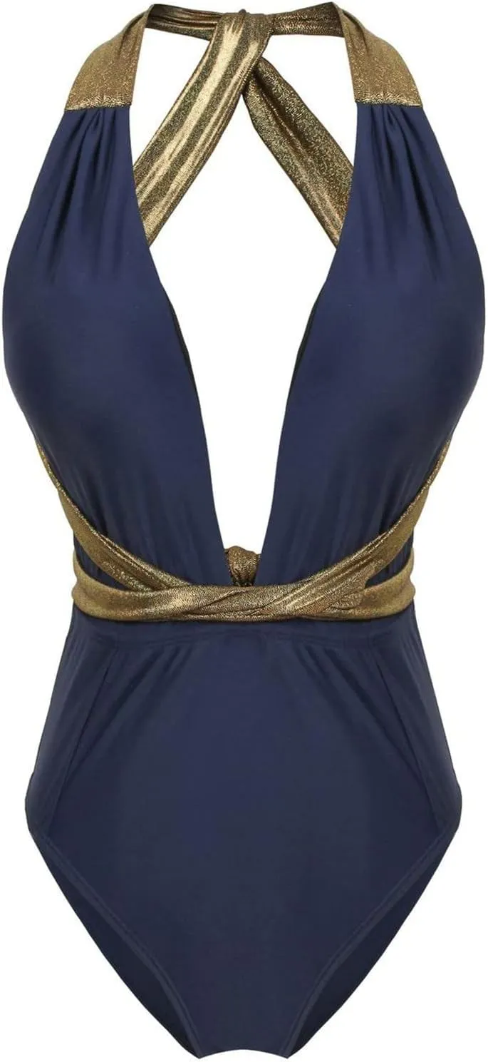 Women's One Piece Swimsuits Tummy Control High Waisted Deep V Neck Cheeky Backless Bathing Retro Swimsuit