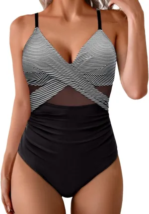 Womens One Piece Swimsuits Tummy Control Mesh Patchwork Spaghetti Straps Bathing Suit Trendy V Neck Padded Swimwear