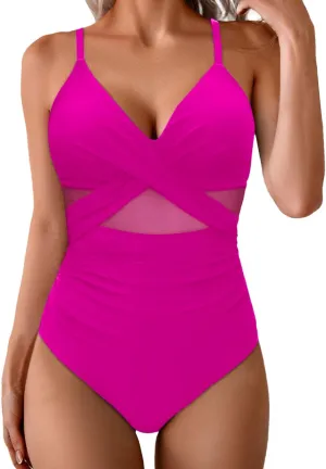 Womens One Piece Swimsuits Tummy Control Mesh Patchwork Spaghetti Straps Bathing Suit Trendy V Neck Padded Swimwear