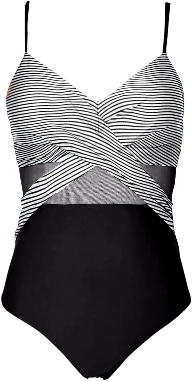 Womens One Piece Swimsuits Tummy Control Mesh Patchwork Spaghetti Straps Bathing Suit Trendy V Neck Padded Swimwear