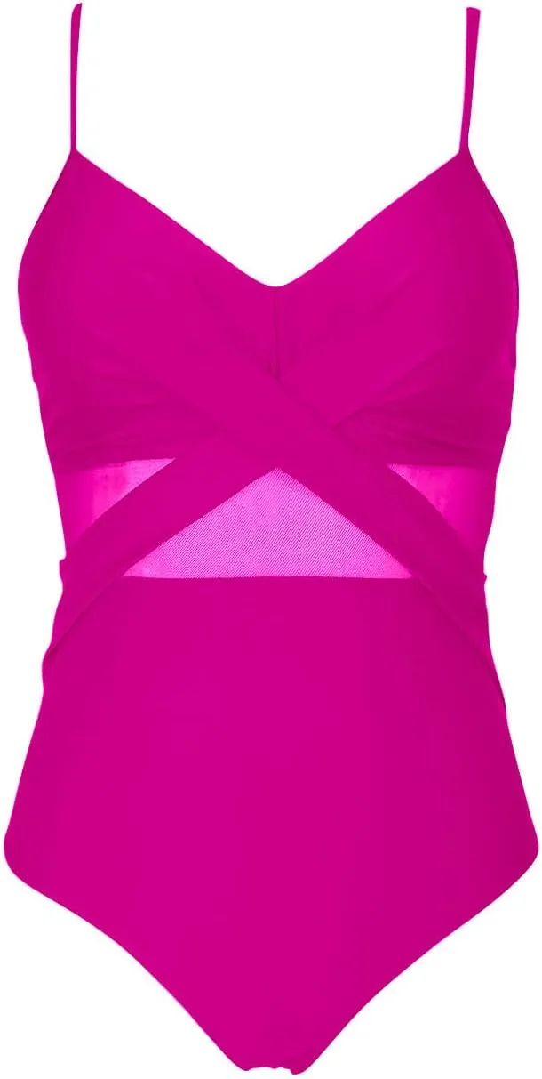 Womens One Piece Swimsuits Tummy Control Mesh Patchwork Spaghetti Straps Bathing Suit Trendy V Neck Padded Swimwear