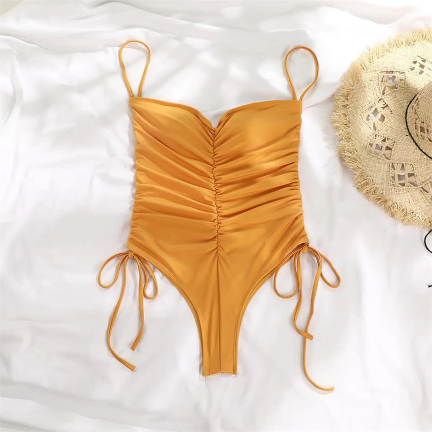 Women's One Piece Swimsuits Tummy Control Tie Knot Ruched Monokini Cheeky High Cut Spaghetti Strap Bathing Suits 2025
