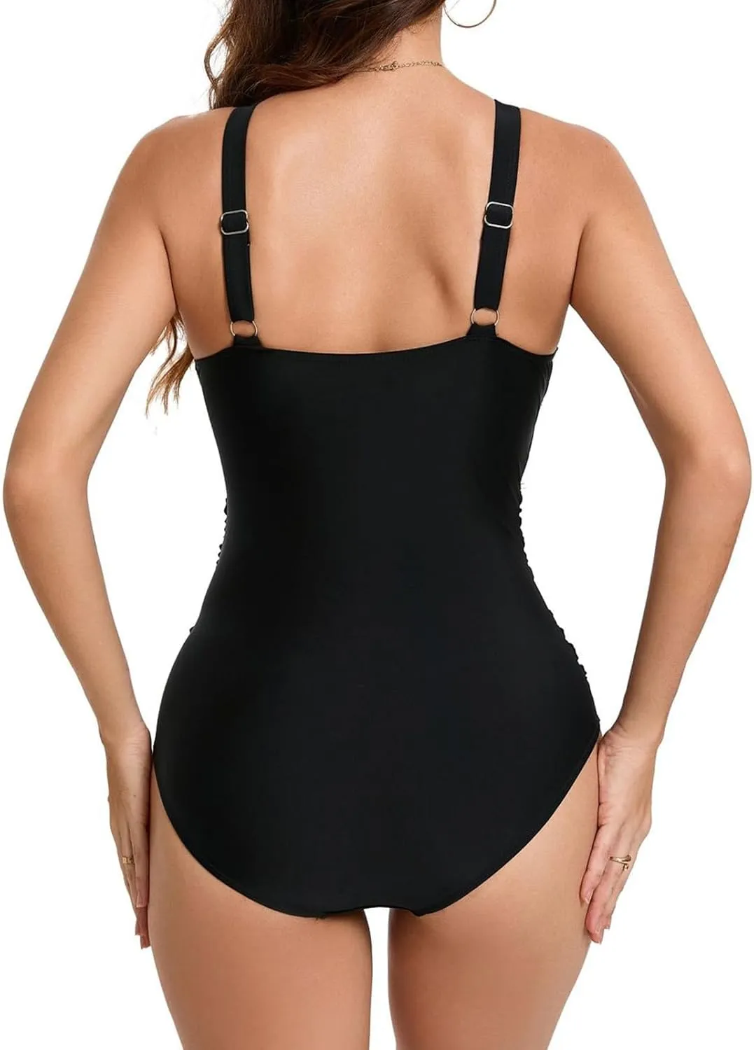 Women's One Piece Swimsuits Twist Front V Neck Ruched Tummy Control Bathing Suits Backless Strap Slimming Swimwear Set