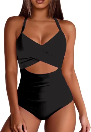 Womens One Piece Swimsuits Waisted Cross Tummy Control Cutout High Waisted Bathing Suit Straps Pad Swimwear