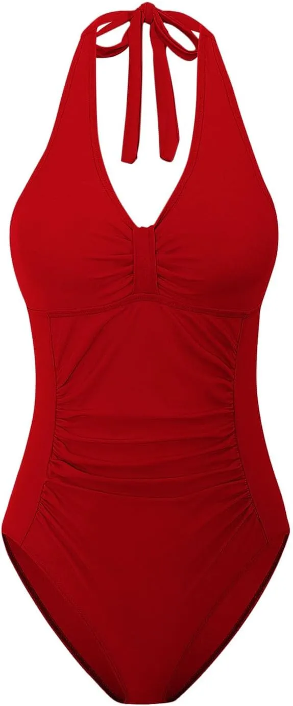 Women's Padded One Piece Swimsuits Tummy Control Bathing Suits Sexy V-Neck Halter Backless Slimming Swimwear