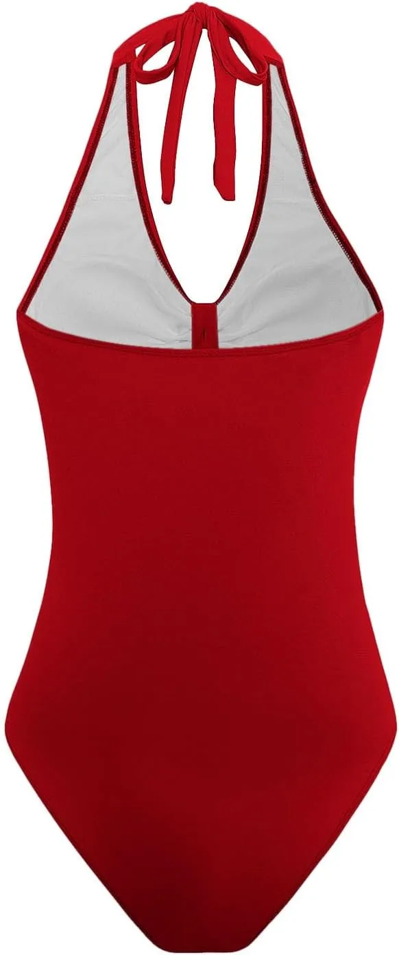 Women's Padded One Piece Swimsuits Tummy Control Bathing Suits Sexy V-Neck Halter Backless Slimming Swimwear
