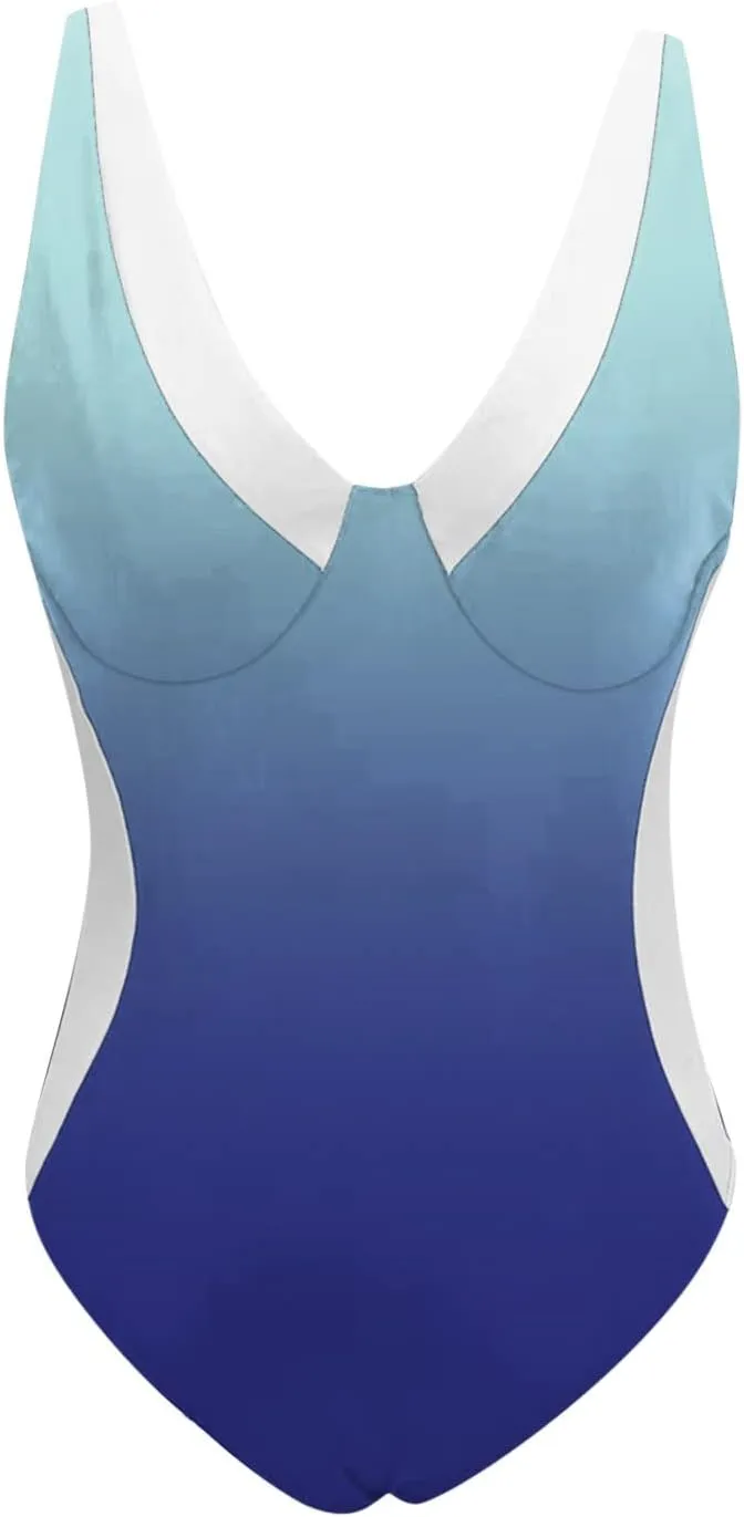 Womens Padded Swimsuits One Piece Slimming Tummy Control Bathing Suit V Neck Color Block Athletic Modest Swimwear