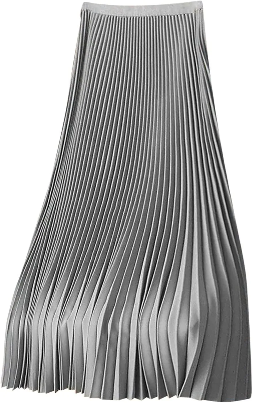 Women's Pleated Midi Skirt, Women High Waist Swing Boho Pleated Skirt Casual Elastic A line Long Skirts Gray