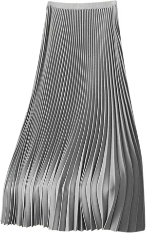Women's Pleated Midi Skirt, Women High Waist Swing Boho Pleated Skirt Casual Elastic A line Long Skirts Gray