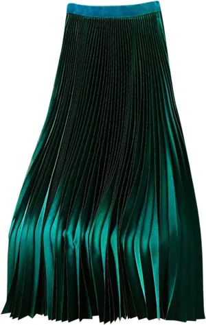 Women's Pleated Midi Skirt, Women High Waist Swing Boho Pleated Skirt Casual Elastic A line Long Skirts Green