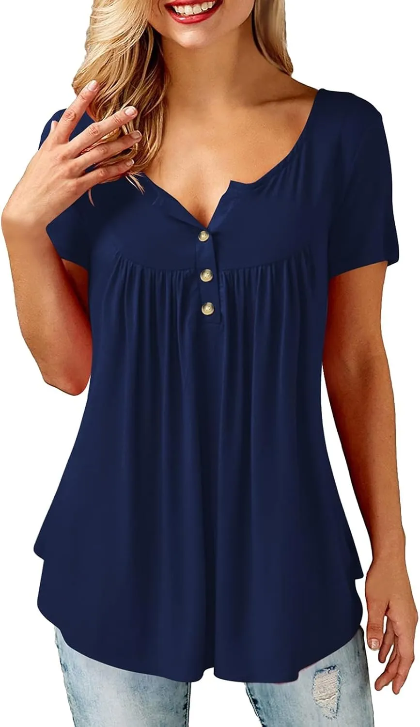 Womens Plus Size Tunic Tops Short Sleeve Casual Floral Henley Shirts