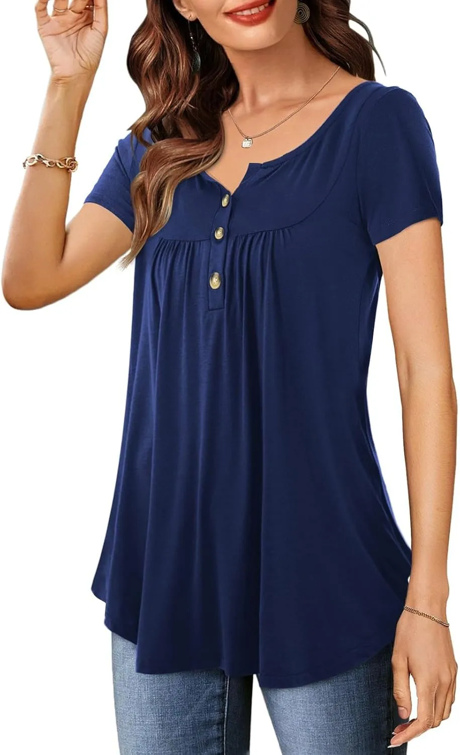 Womens Plus Size Tunic Tops Short Sleeve Casual Floral Henley Shirts