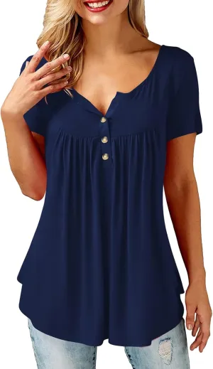 Womens Plus Size Tunic Tops Short Sleeve Casual Floral Henley Shirts