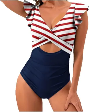 Women's Ruffled One Piece Swimsuits Cross V-Neck Backless Swimwear Tummy Control Cutout High Waisted Bathing Suit