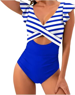 Women's Ruffled One Piece Swimsuits Cross V-Neck Backless Swimwear Tummy Control Cutout High Waisted Bathing Suit
