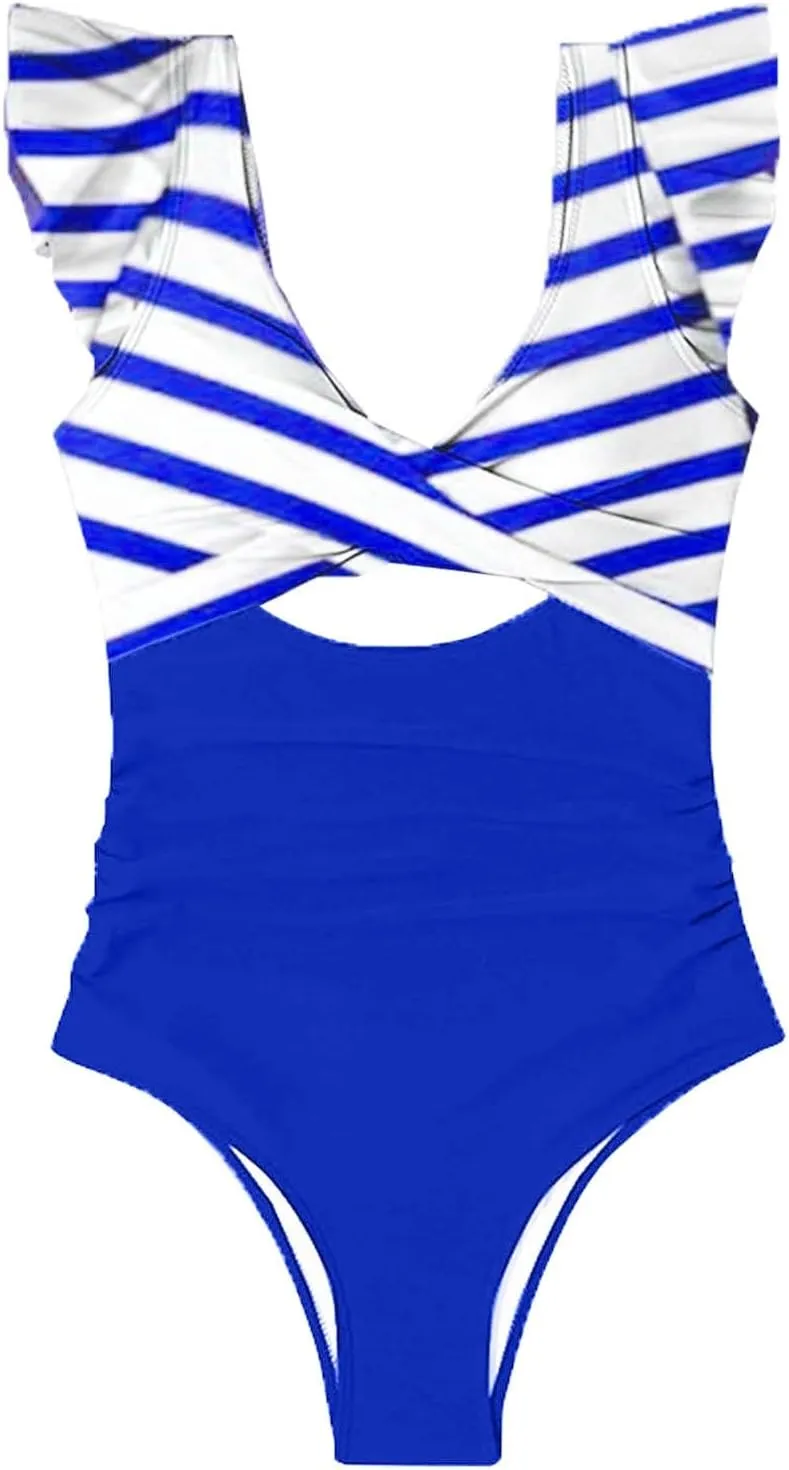 Women's Ruffled One Piece Swimsuits Cross V-Neck Backless Swimwear Tummy Control Cutout High Waisted Bathing Suit