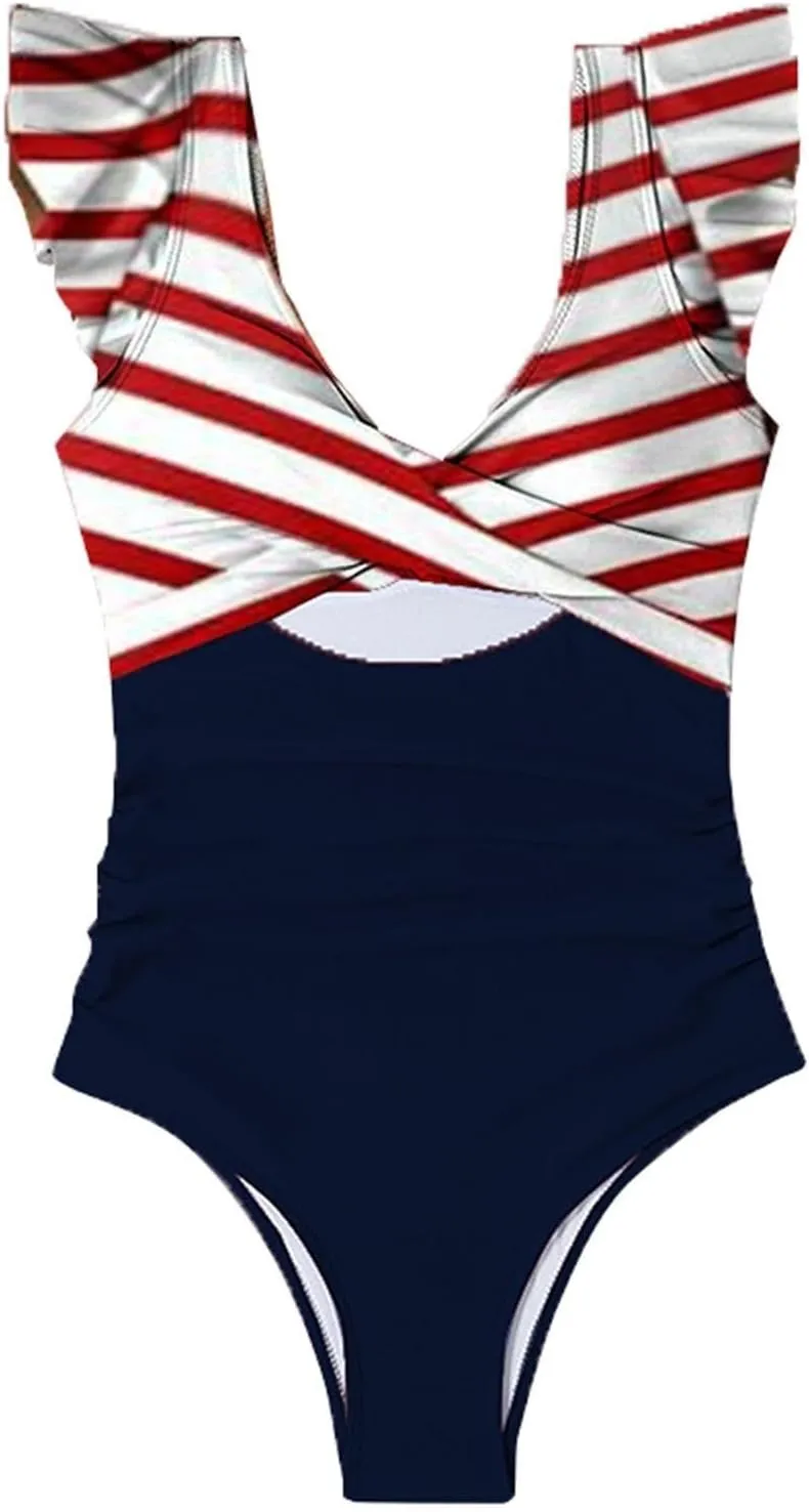 Women's Ruffled One Piece Swimsuits Cross V-Neck Backless Swimwear Tummy Control Cutout High Waisted Bathing Suit
