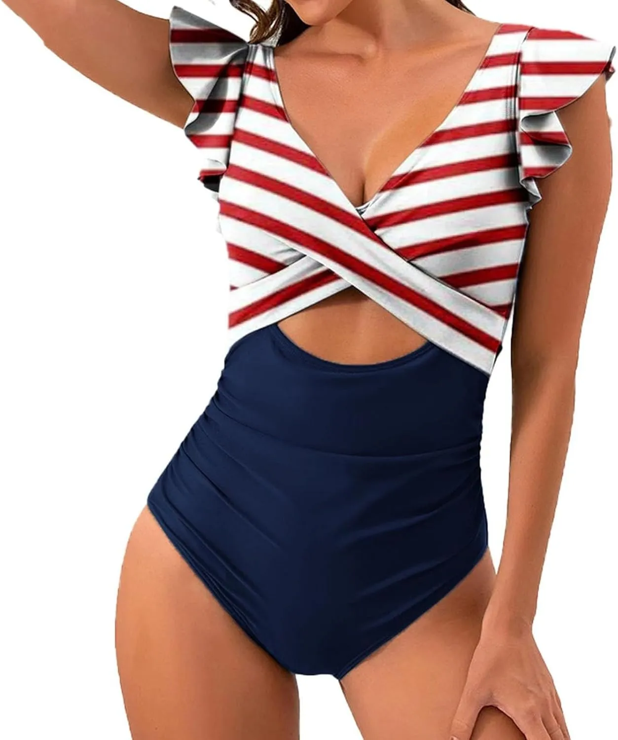 Women's Ruffled One Piece Swimsuits Cross V-Neck Backless Swimwear Tummy Control Cutout High Waisted Bathing Suit