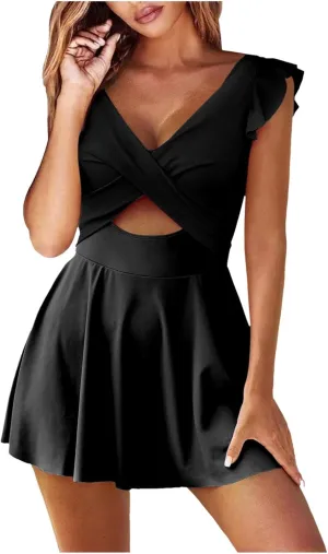 Women's Ruffled One Piece Swimsuits Cross Wrap V-Neck Backless Swimwear Tummy Control Cutout High Waisted Swimdress