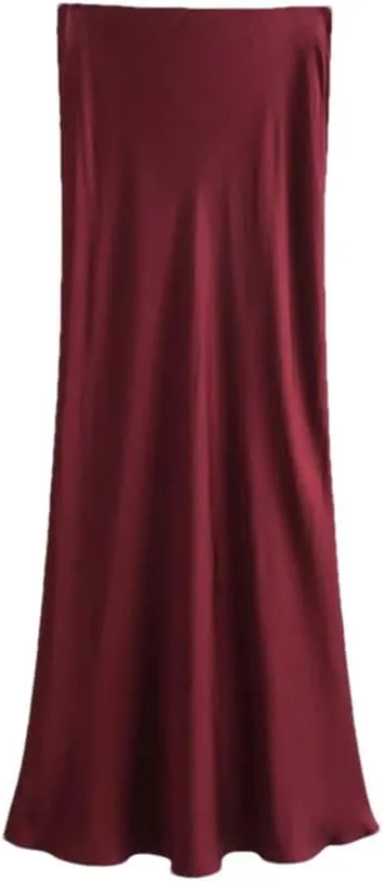Women's Satin High Waist Casual Midi Skirt Women's Solid Color Slim Fit Midi Skirt