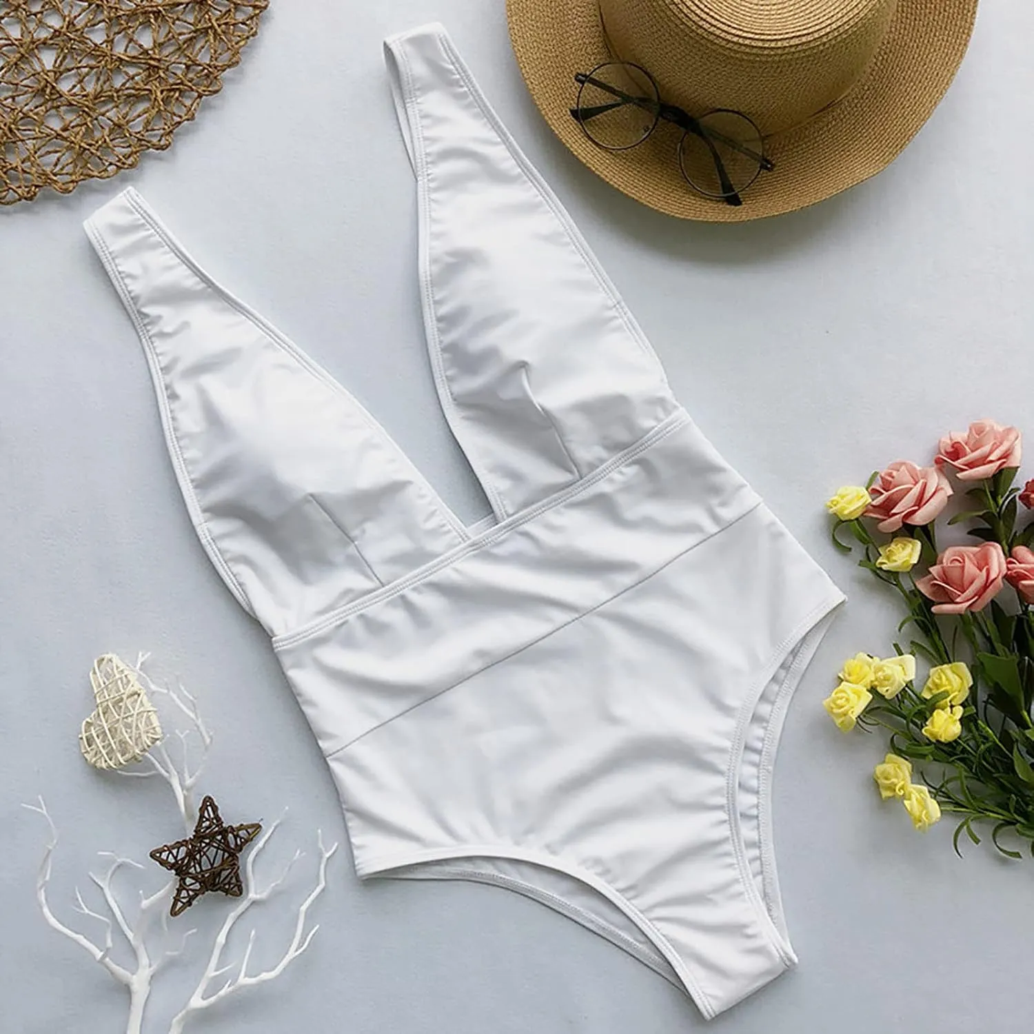 Women's Sexy Low Cut Swimsuit One Piece Tummy Control Bathing Suit High Cut Backless Swimwear Sleeveless Beachwear