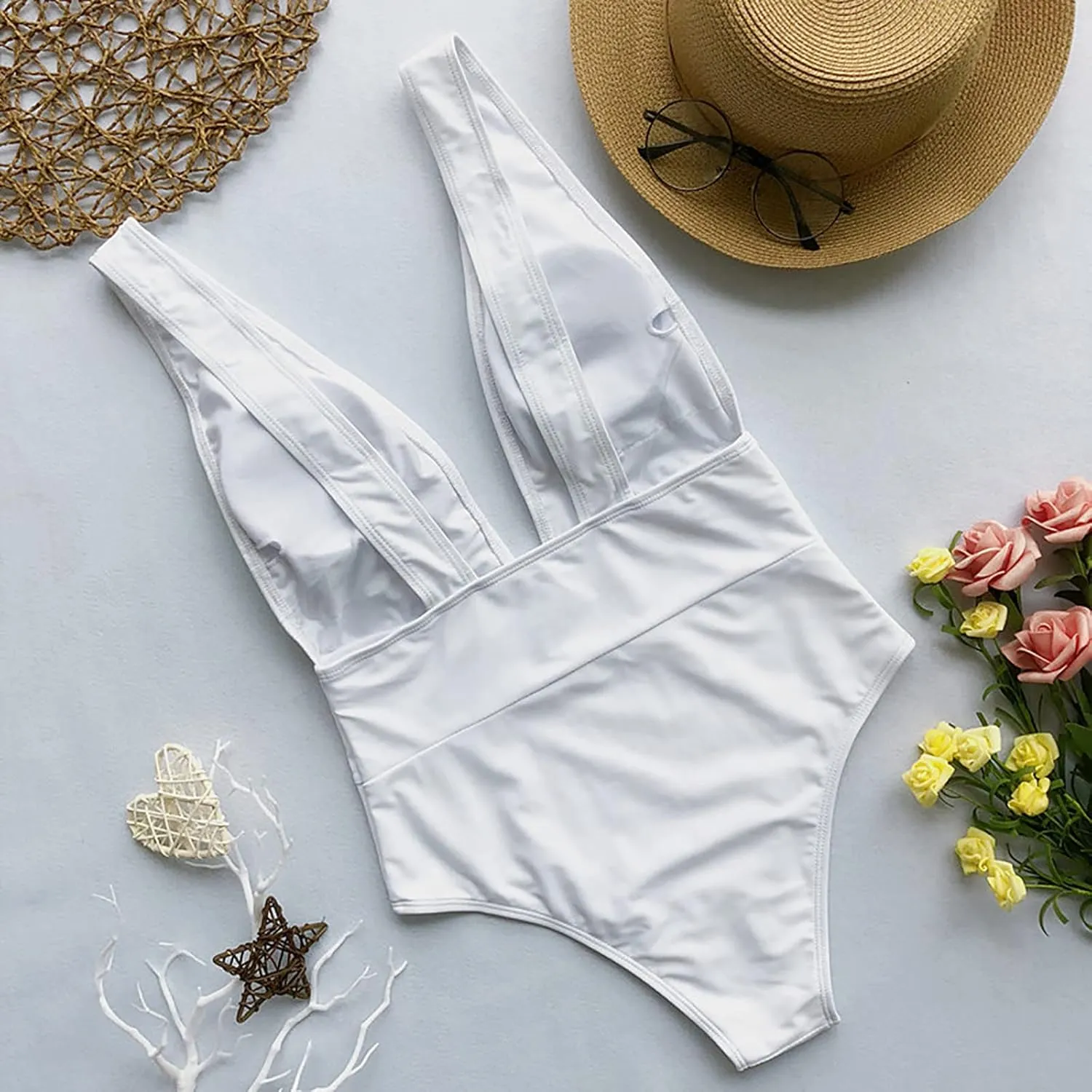 Women's Sexy Low Cut Swimsuit One Piece Tummy Control Bathing Suit High Cut Backless Swimwear Sleeveless Beachwear