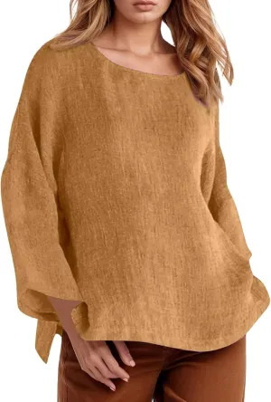 Women's Short Sleeve Linen Shirt Casual Crew Neck Oversized T-Shirt Button Loose Fit Summer Tee Shirt