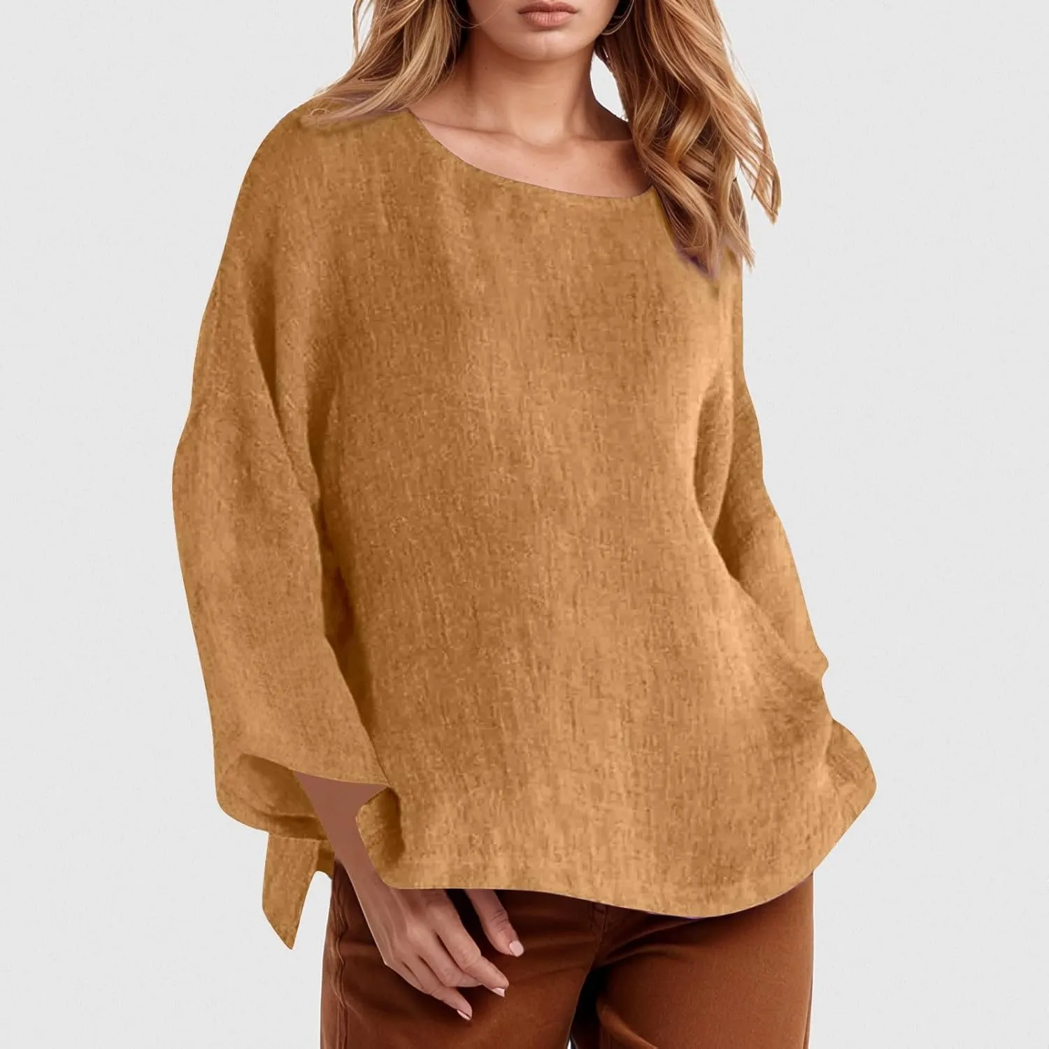 Women's Short Sleeve Linen Shirt Casual Crew Neck Oversized T-Shirt Button Loose Fit Summer Tee Shirt