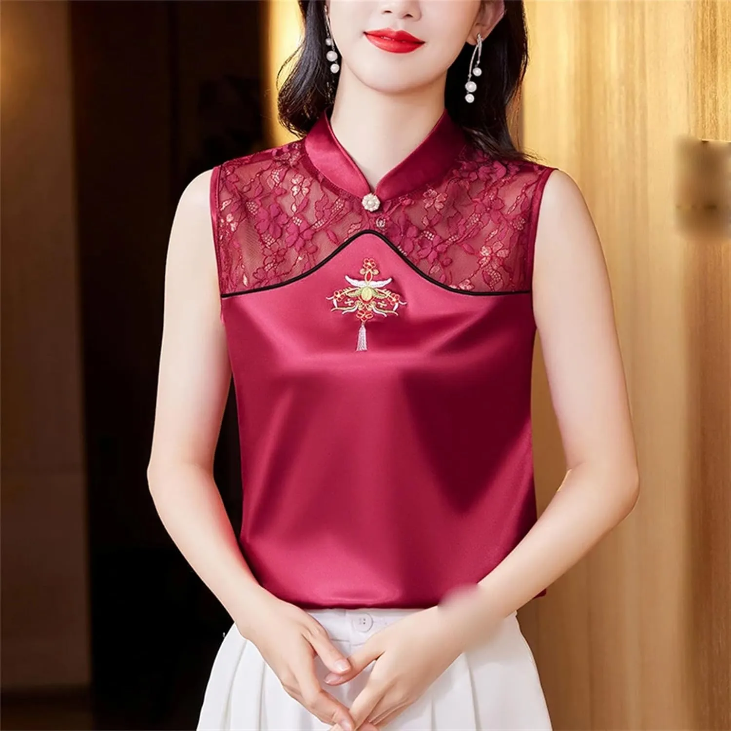 Women's Silk Satin Blouse Mandarin Collar Sleeveless Embroidered Vest Breathable Wedding Guest Outfit for Party