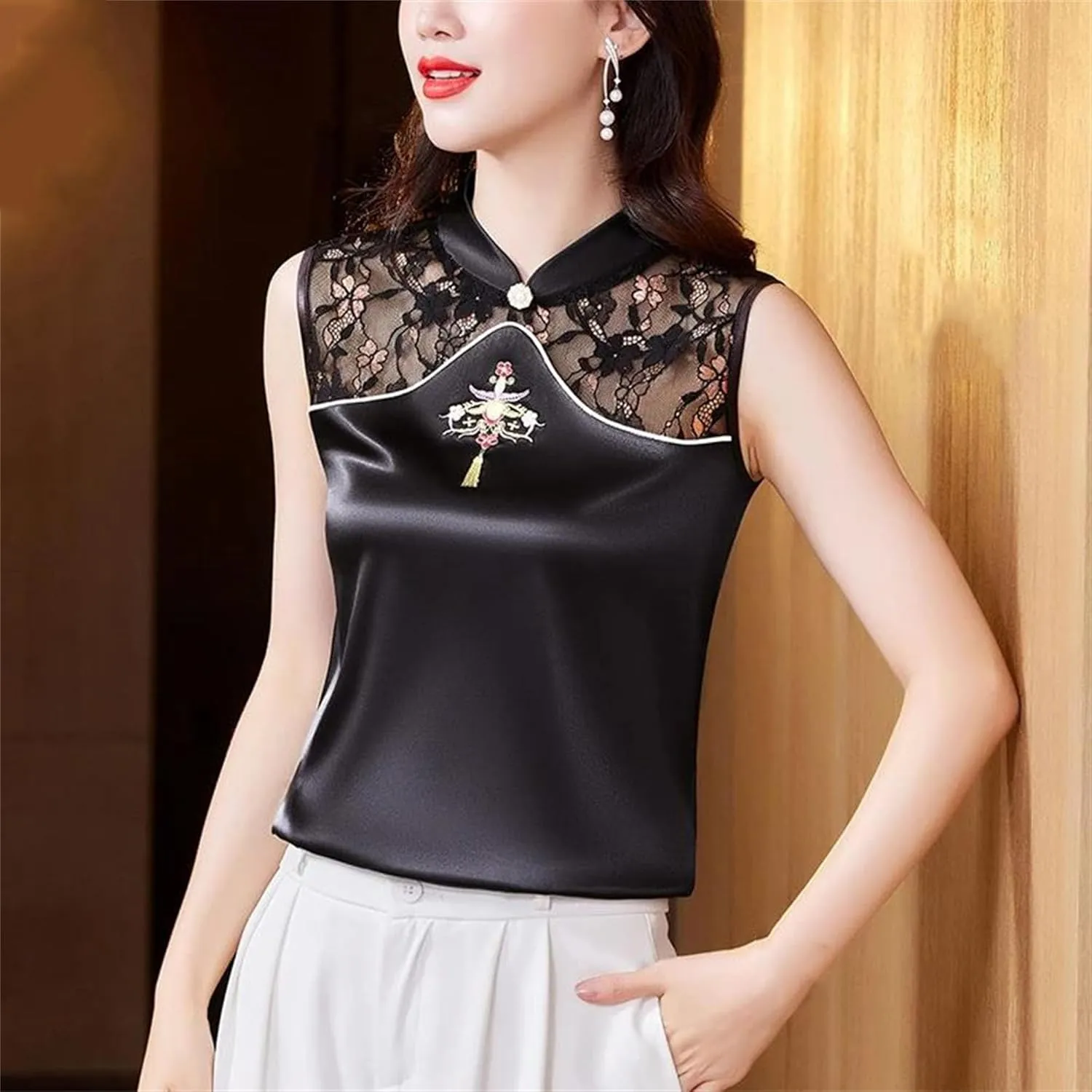 Women's Silk Satin Blouse Mandarin Collar Sleeveless Embroidered Vest Breathable Wedding Guest Outfit for Party