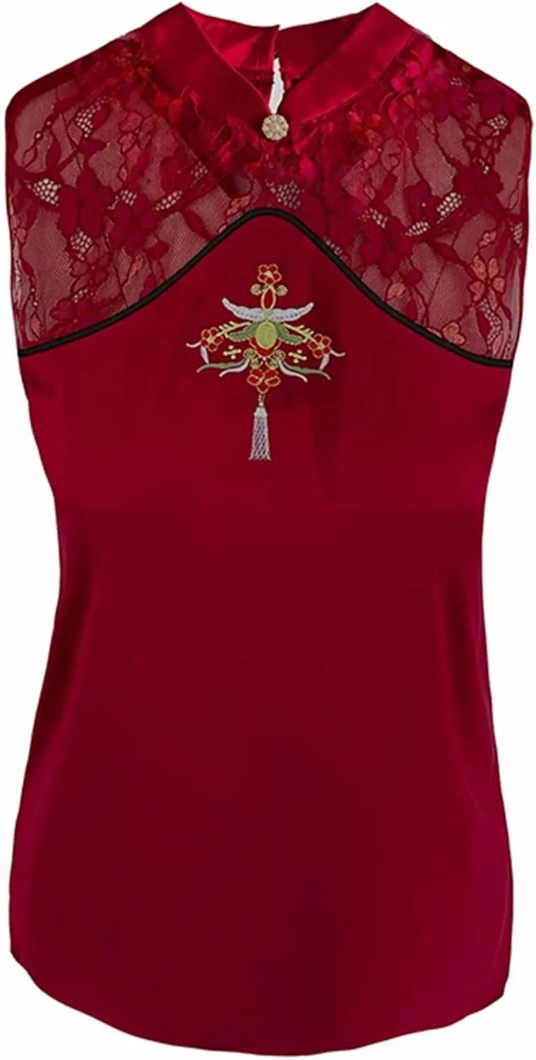 Women's Silk Satin Blouse Mandarin Collar Sleeveless Embroidered Vest Breathable Wedding Guest Outfit for Party