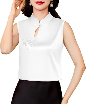 Women's Silk Satin Blouse with Hollow Out Lightweight & Breathable Sleeveless Mandarin Collar Vest Wedding Guest Top