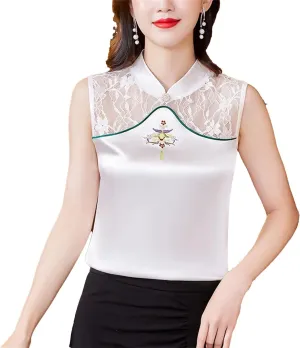 Women's Silk Satin Embroidered Vest Breathable Sleeveless Mandarin Collar Blouse with Lace Summer Wedding Guest Top